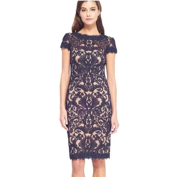 TADASHI SHOJI Navy Blue Lace CORDED EMBROIDERY TULLE CAP SLEEVE DRESS Size 6 - Picture 1 of 14